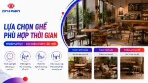 Lựa chọn ghế dựa trên thời gian khách sử dụngGhế không chỉ cần đẹp mà còn phải phù hợp với thời gian khách ngồi.Nếu quán cafe phục vụ khách chủ yếu trong thời gian ngắn, ghế có thiết kế đơn giản có thể đáp ứng nhu cầu.Nếu quán hướng đến khách làm việc, học tập hoặc trò chuyện trong thời gian dài, ghế cần được chú trọng hơn về chiều cao, phần tựa lưng và cảm giác khi sử dụng.Đây là yếu tố thường bị bỏ qua khi decor quán cafe.Một chiếc ghế đẹp trong ảnh chưa chắc tạo cảm giác thoải mái khi ngồi trong hai hoặc ba giờ.Ngoài ra, chiều cao của ghế cần phù hợp với bàn. Nếu bàn quá cao hoặc ghế quá thấp, khách sẽ nhanh cảm thấy mỏi khi sử dụng.
